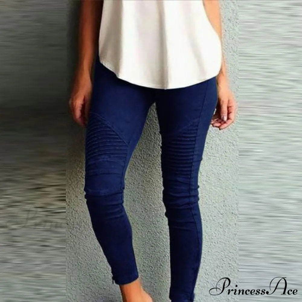 Fashion Solid Color Elastic Waistband Slim Skinny Pencil Pant Trouser Navy Blue / S