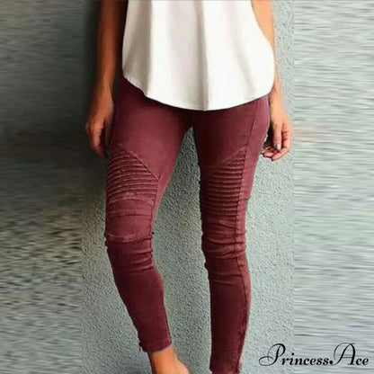 Fashion Solid Color Elastic Waistband Slim Skinny Pencil Pant Trouser Wine Red / S