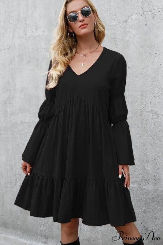 Fashion Solid Color Trendy V Neck Sleeveless Dress S / Black