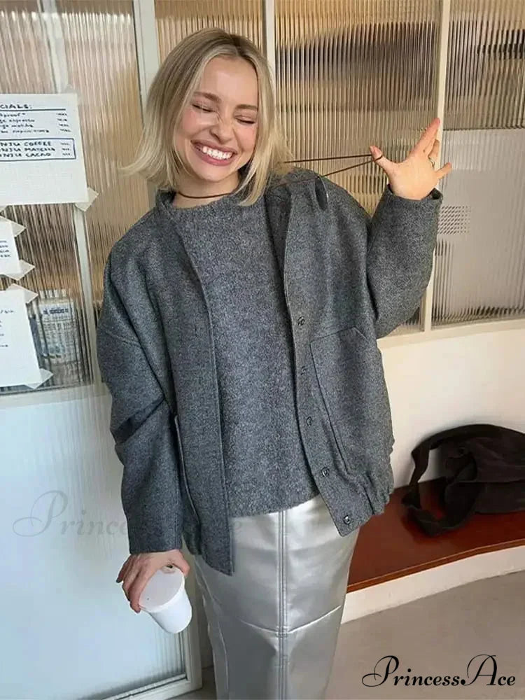 Fashion Solid Round Neck Casual Single-breasted Long Sleeves With Pocket Elegant Chic Coat Dark gray / S