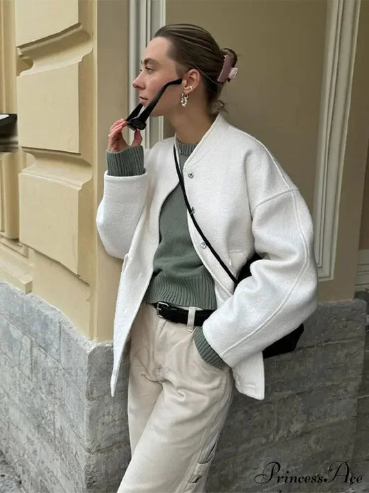 Fashion Solid Round Neck Casual Single-breasted Long Sleeves With Pocket Elegant Chic Coat White / S