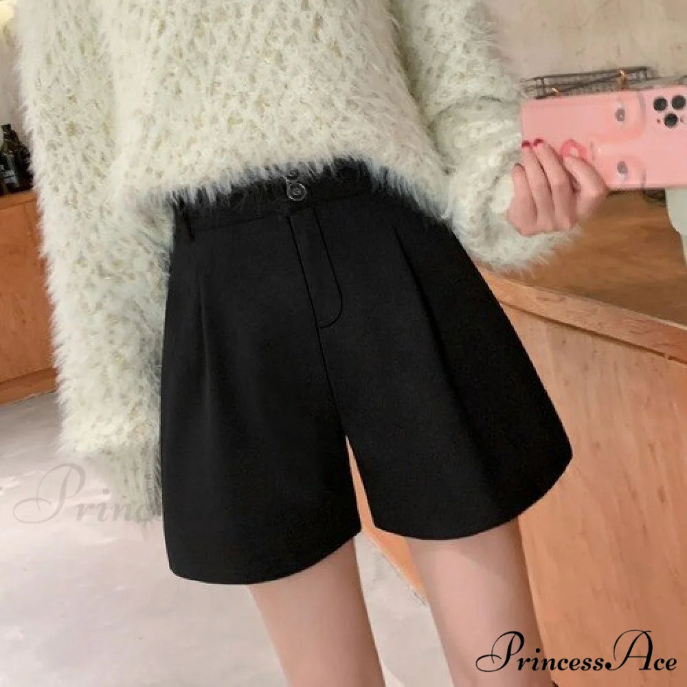 Fashion Solid Wide Leg Woolen Shorts Black Double button / S