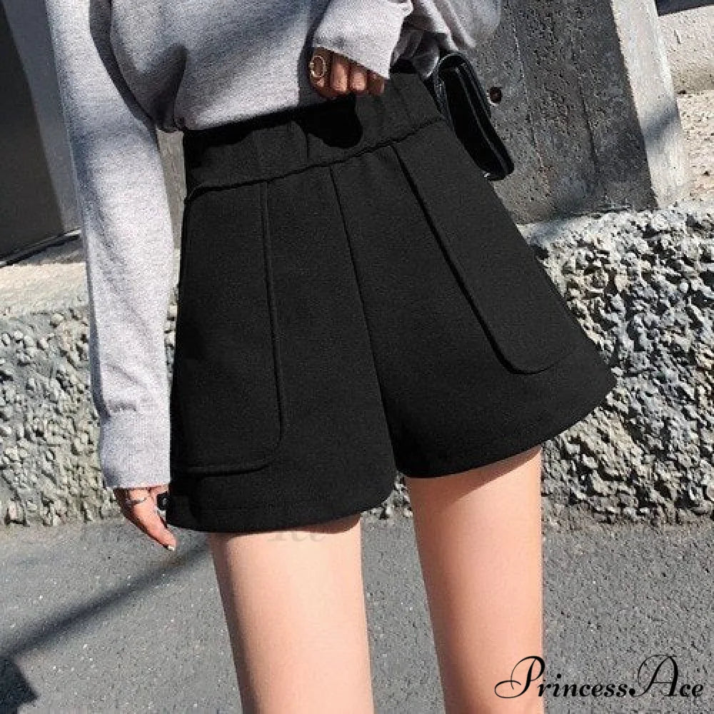 Fashion Solid Wide Leg Woolen Shorts Black Elastic waist / S