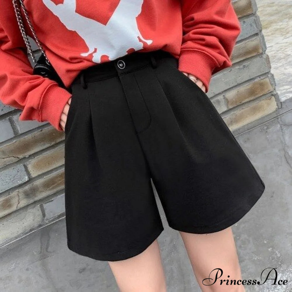 Fashion Solid Wide Leg Woolen Shorts Black zipper / S
