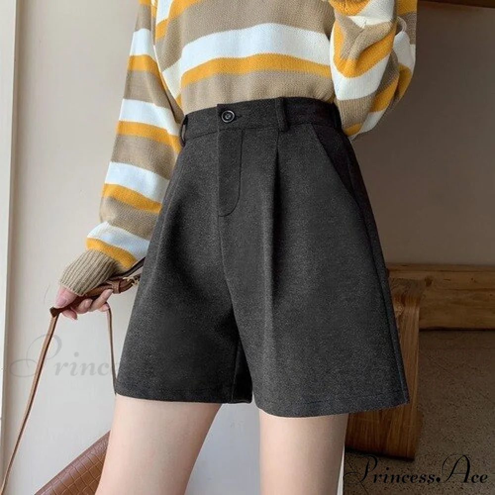 Fashion Solid Wide Leg Woolen Shorts Dark gray zipper / S