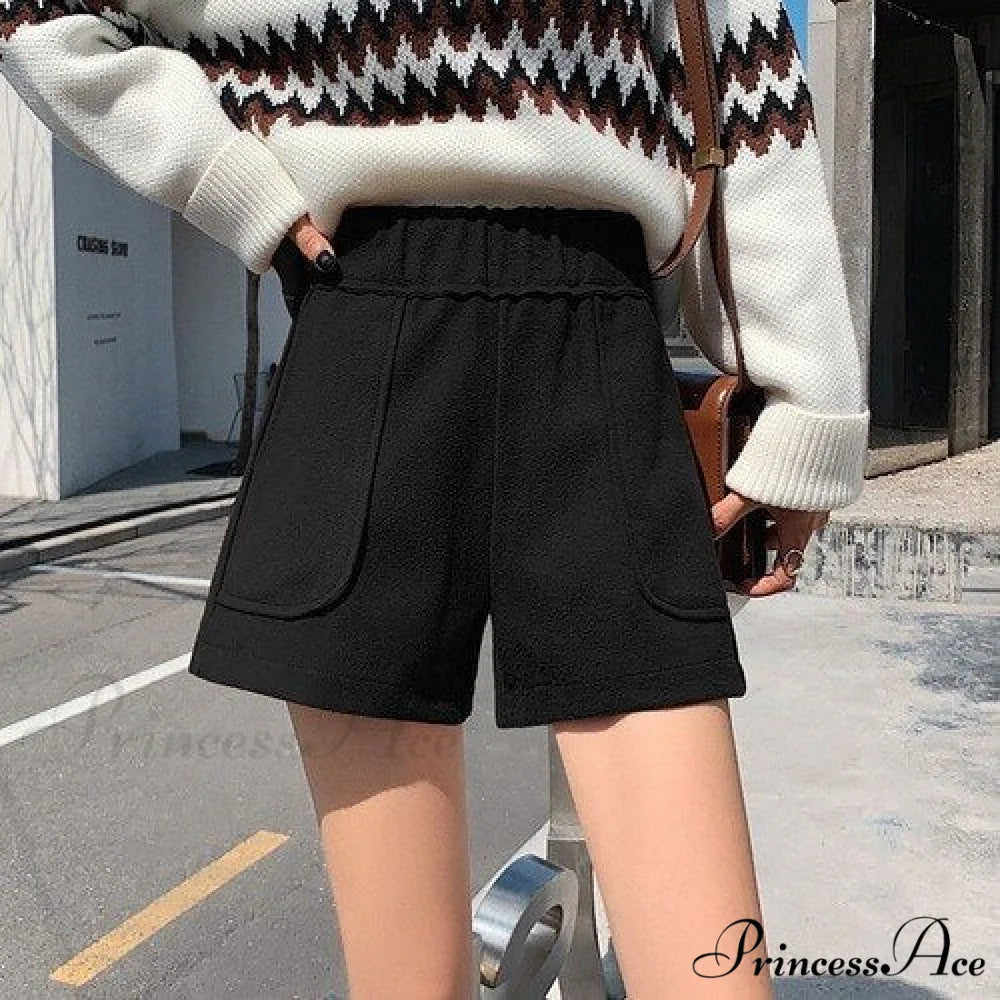 Fashion Solid Wide Leg Woolen Shorts DarkgrayElasticwaist / S