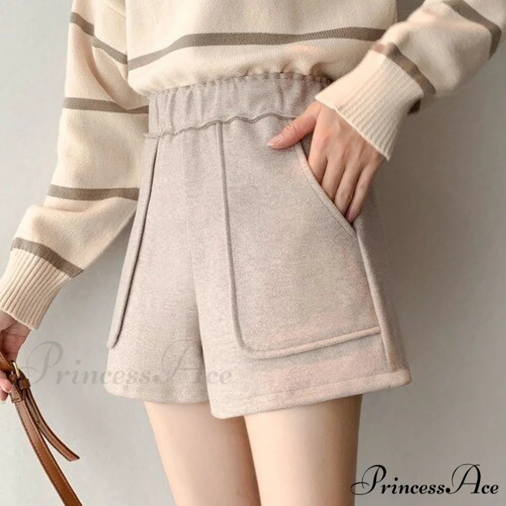 Fashion Solid Wide Leg Woolen Shorts khaki Elastic waist / S