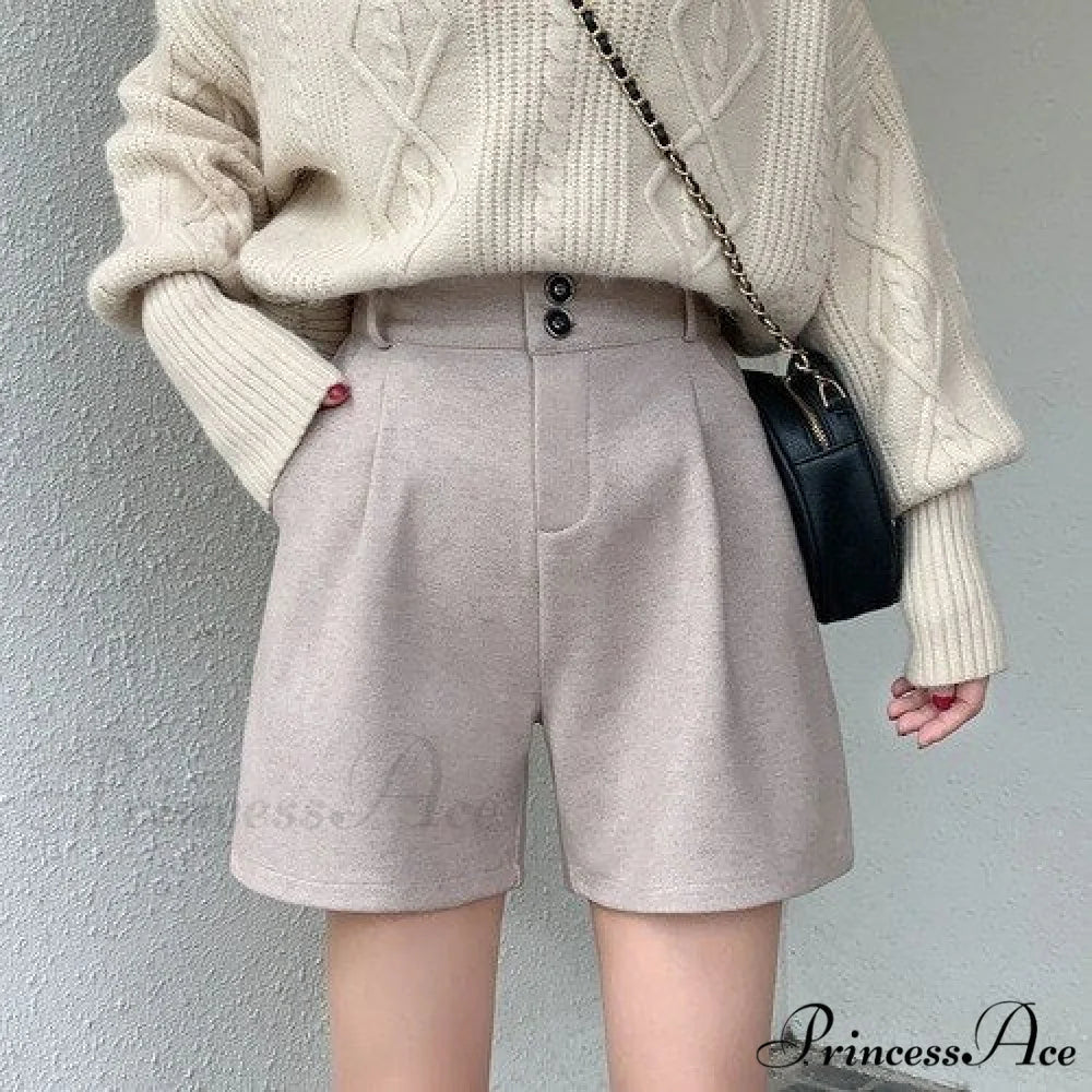 Fashion Solid Wide Leg Woolen Shorts Oats Double button / S