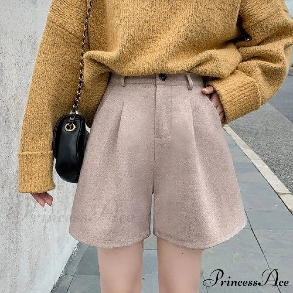 Fashion Solid Wide Leg Woolen Shorts Oats zipper / S