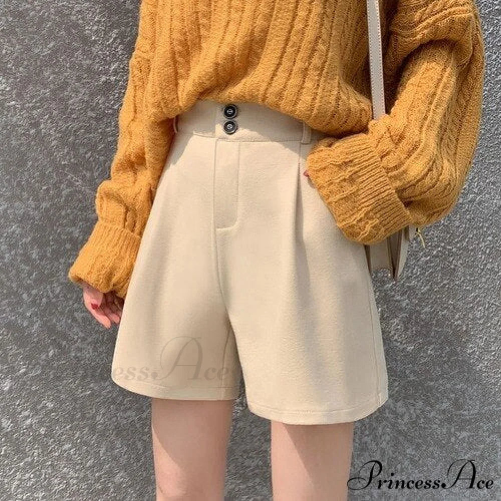 Fashion Solid Wide Leg Woolen Shorts Rice Double button / S