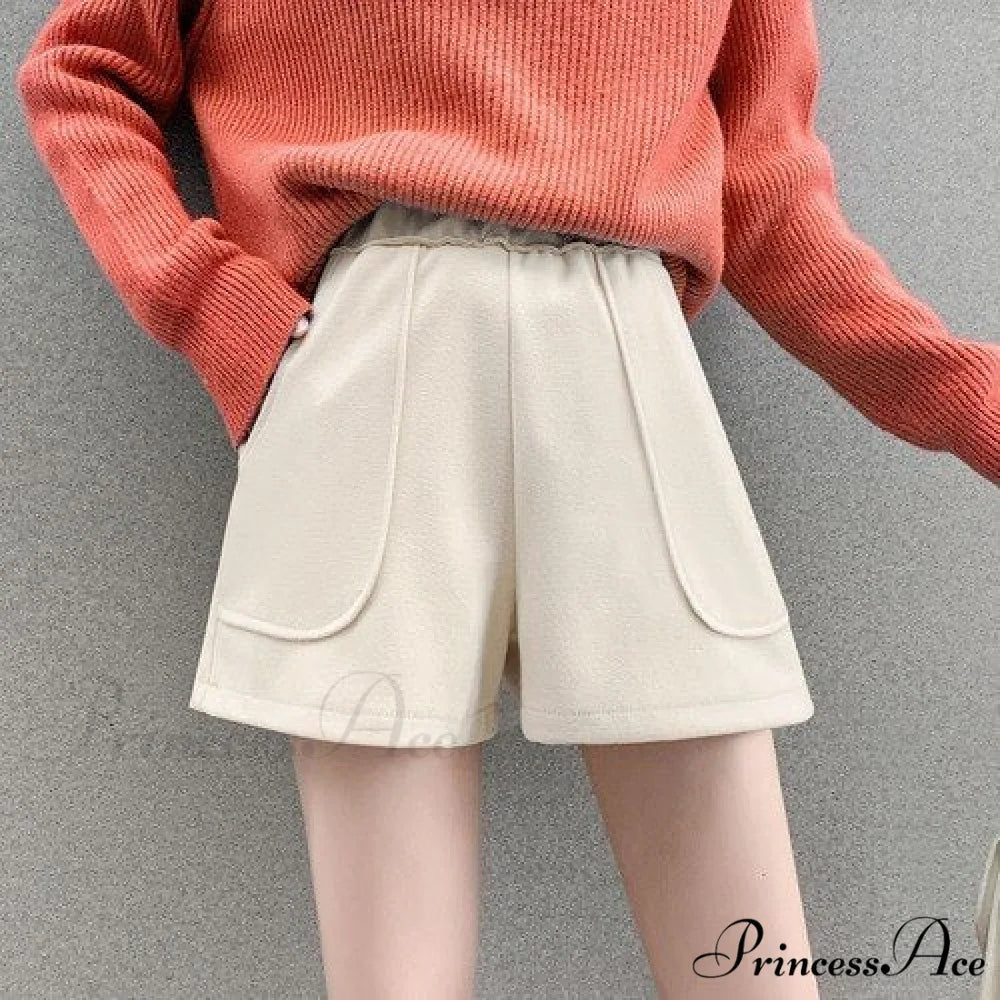 Fashion Solid Wide Leg Woolen Shorts white Elastic waist / S