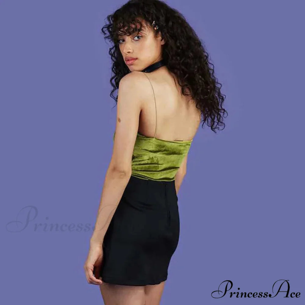 Fashion Spaghetti Straps Velvet Short Crop Sexy Boob Tube Bustier Brief Tank top Green / One Size