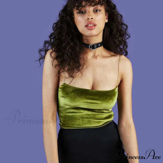 Fashion Spaghetti Straps Velvet Short Crop Sexy Boob Tube Bustier Brief Tank top Green / One Size