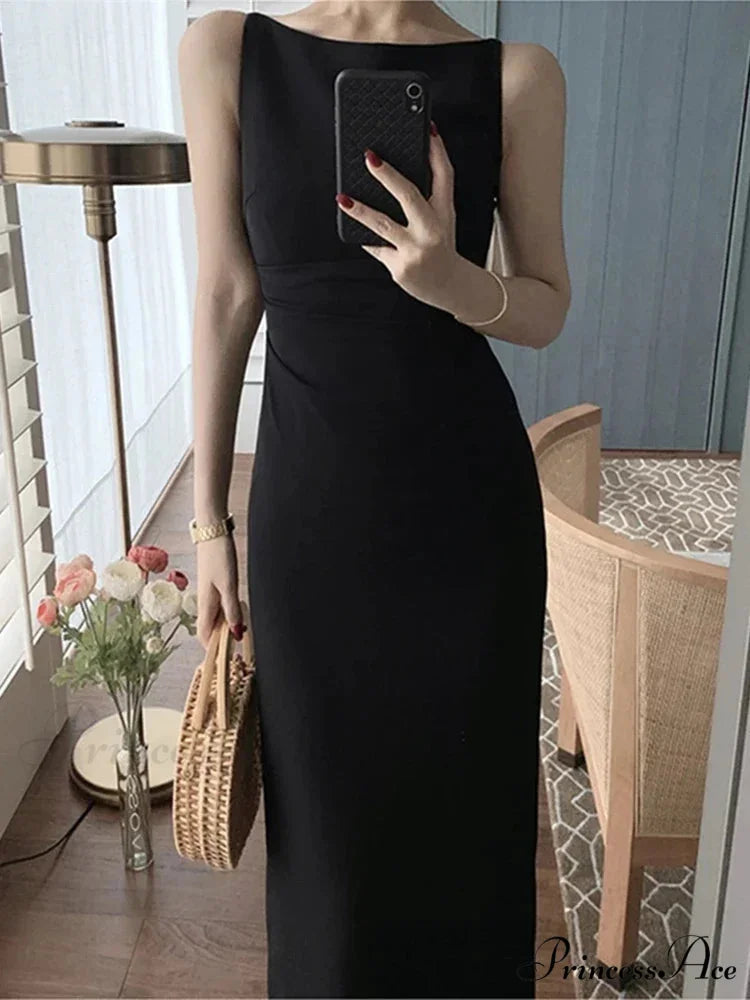 Fashion Strap Sleeveless Maxi Dress BLACK / S