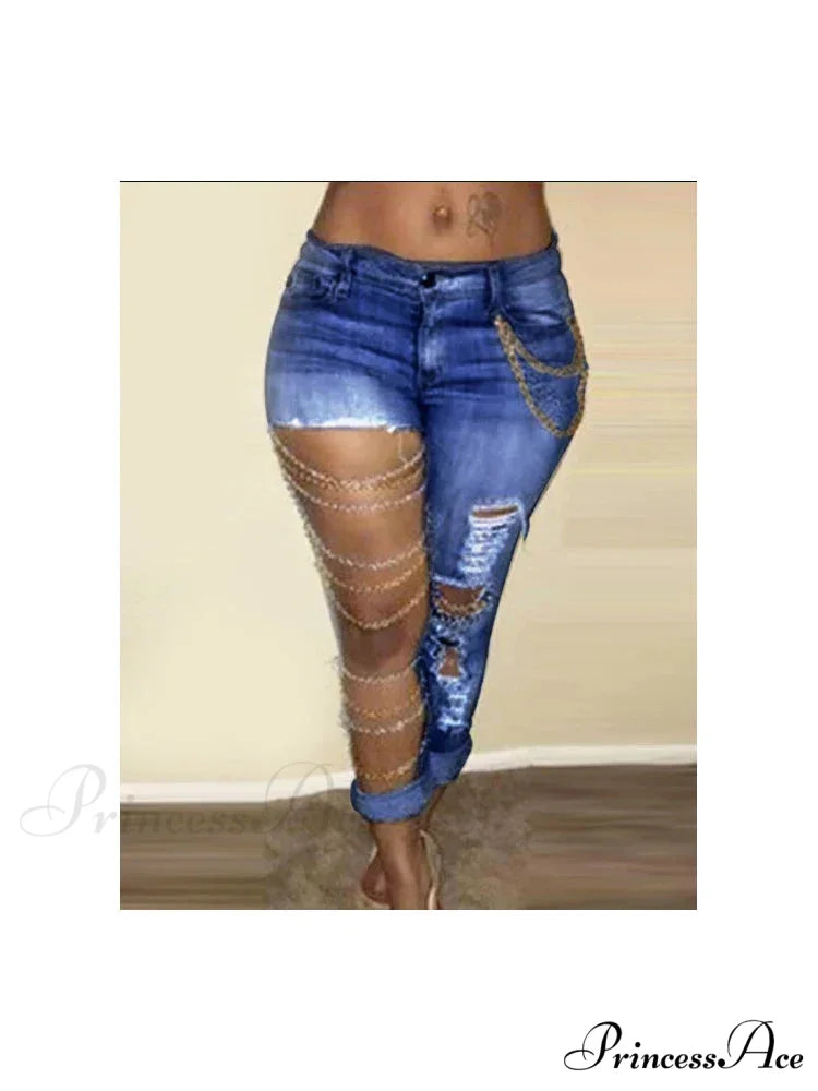 Fashion Streetwear High Waist Women With Chain Vintage Ripped Holes Skinny Pencil Bodycon Denim Jean Blue / S