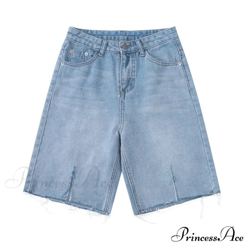 Fashion Streetwear Rough Edge Slit Jeans Shorts Blue / XL