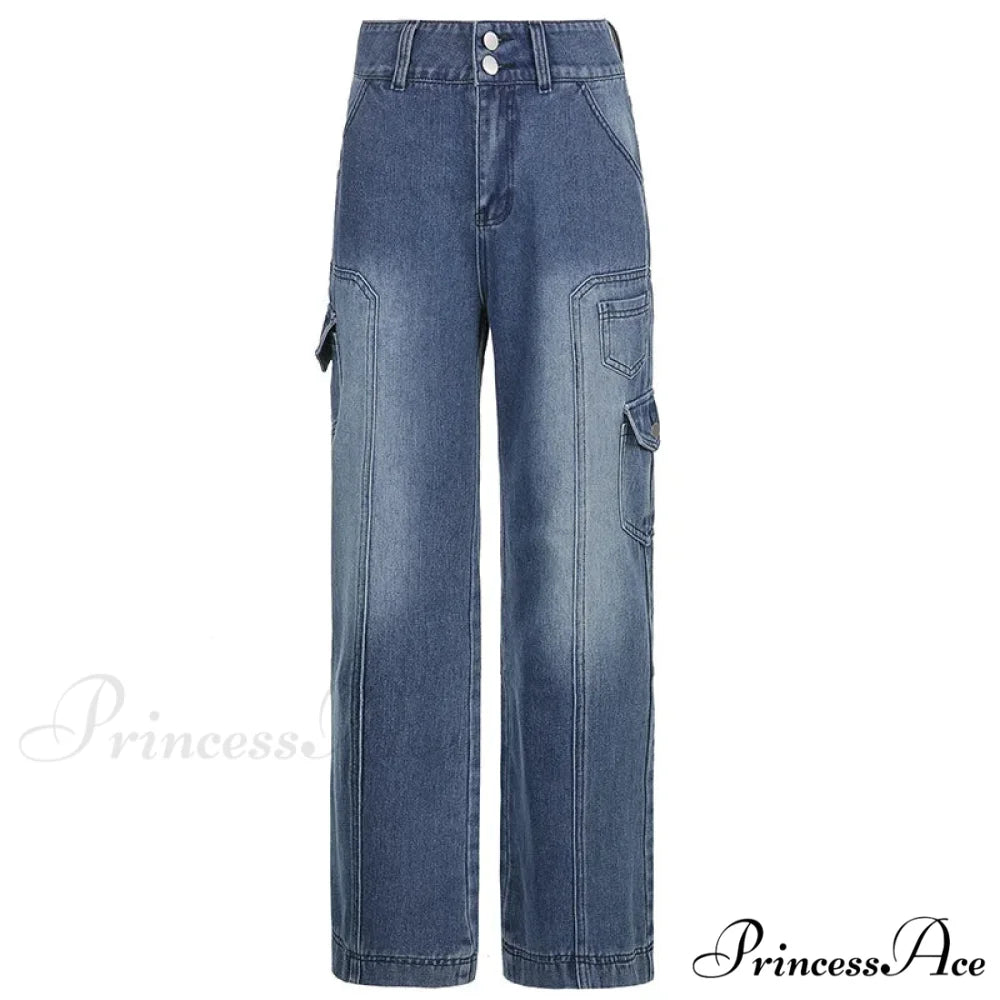 Fashion Streetwear Women Denim Trouser Loose Cargo Korean Autumn Winter Pockets Patchwork Baggy Jean Blue / S