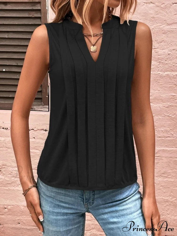 Fashion Style Elegant Pleated V-neck Blouse Black / S