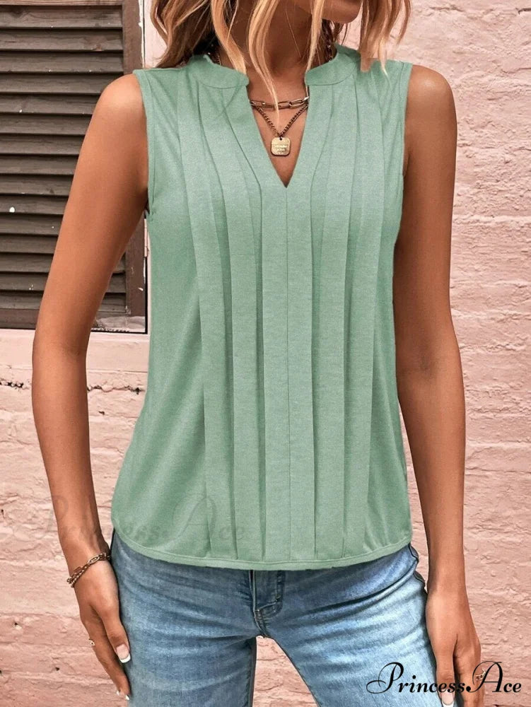 Fashion Style Elegant Pleated V-neck Blouse Light green / S