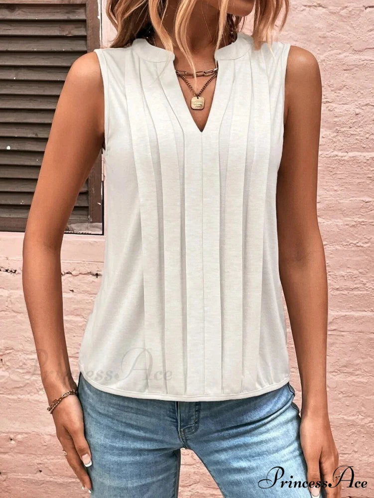 Fashion Style Elegant Pleated V-neck Blouse White / S