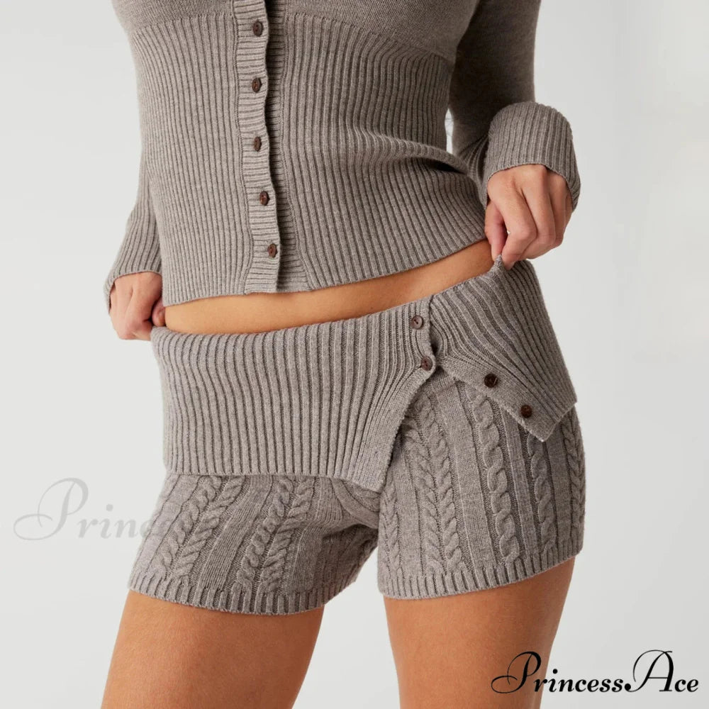 Fashion Summer Pajama Solid Color Button Cuff Cable Knit Lounge Bottoms Short GRAY / S