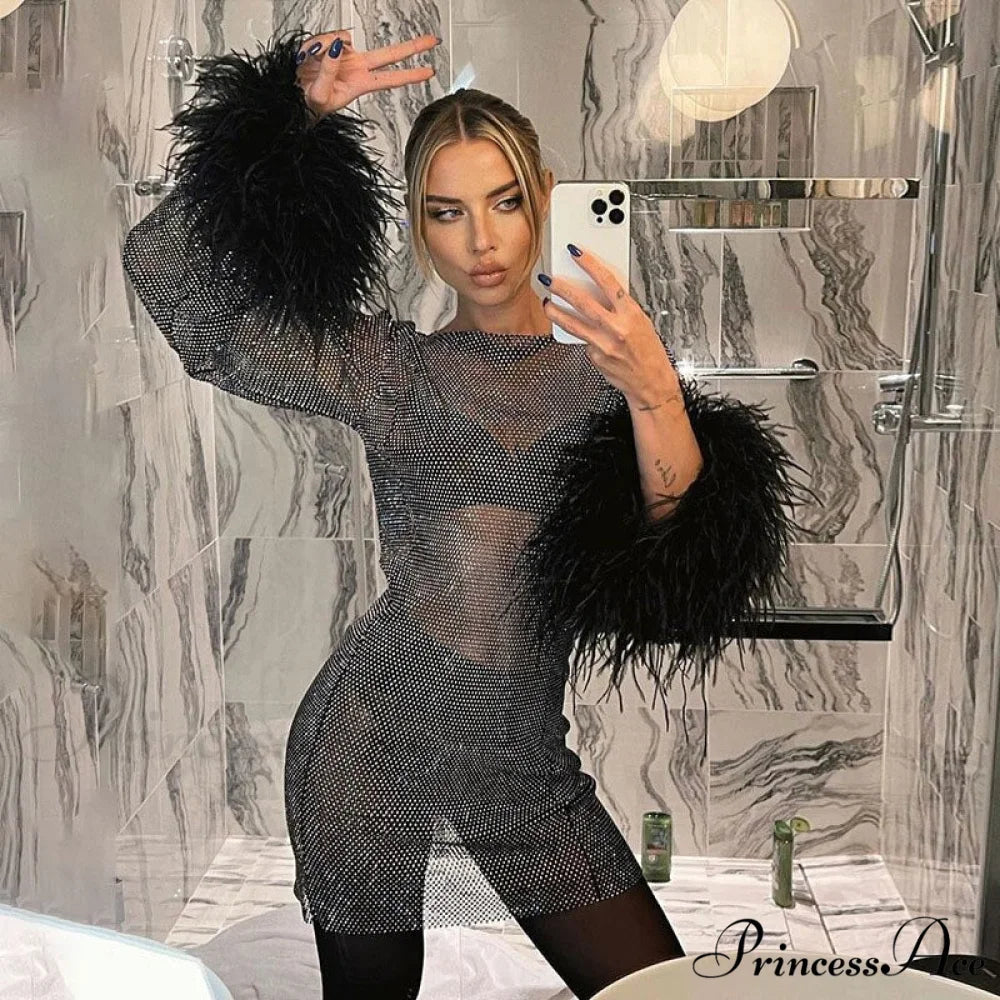 Fashion Tassel See Through Long Sleeve Dress Black / S