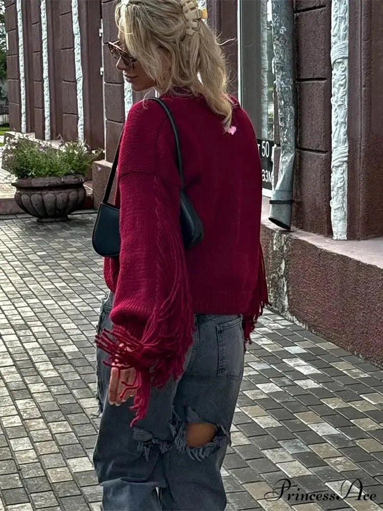 Fashion Tassels Patchwork Wine Red Knitted Cardigan Christmas Sweater