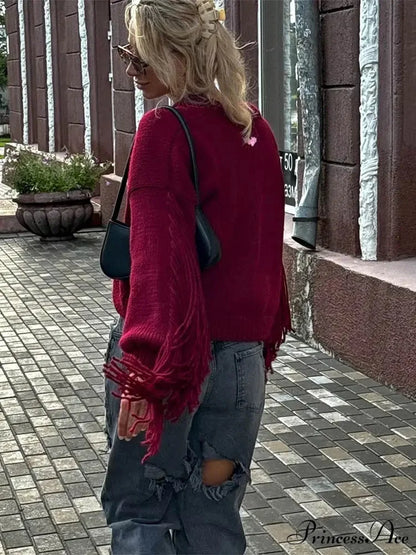 Fashion Tassels Patchwork Wine Red Knitted Cardigan Christmas Sweater
