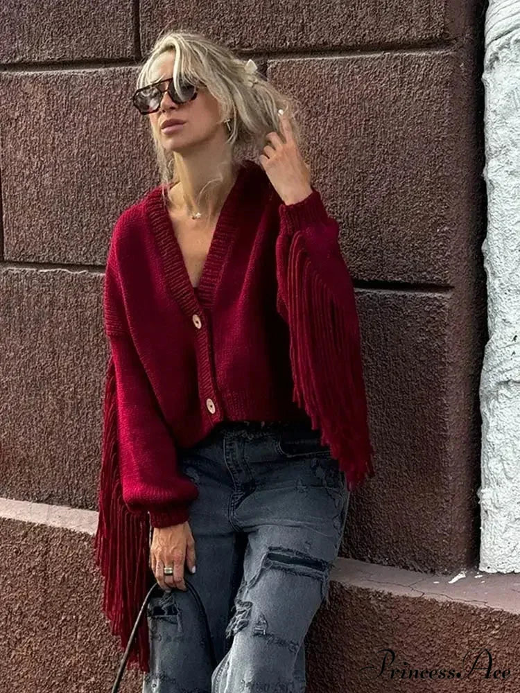 Fashion Tassels Patchwork Wine Red Knitted Cardigan Christmas Sweater Red / S
