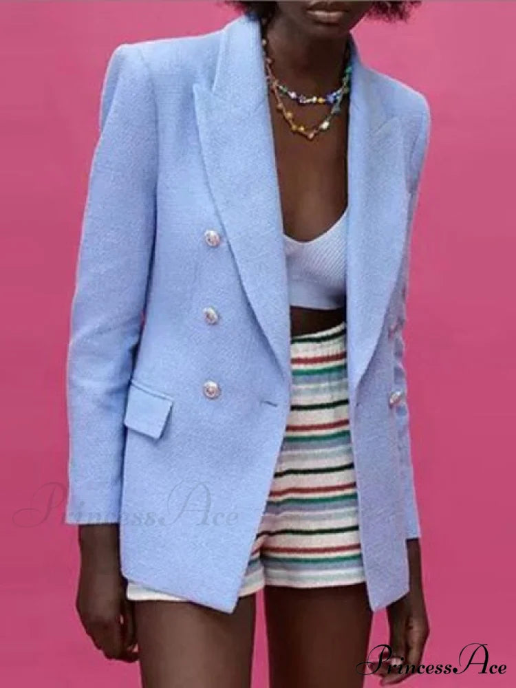 Fashion Temperament Double-Breasted Ladies Office Blazer blue / XS