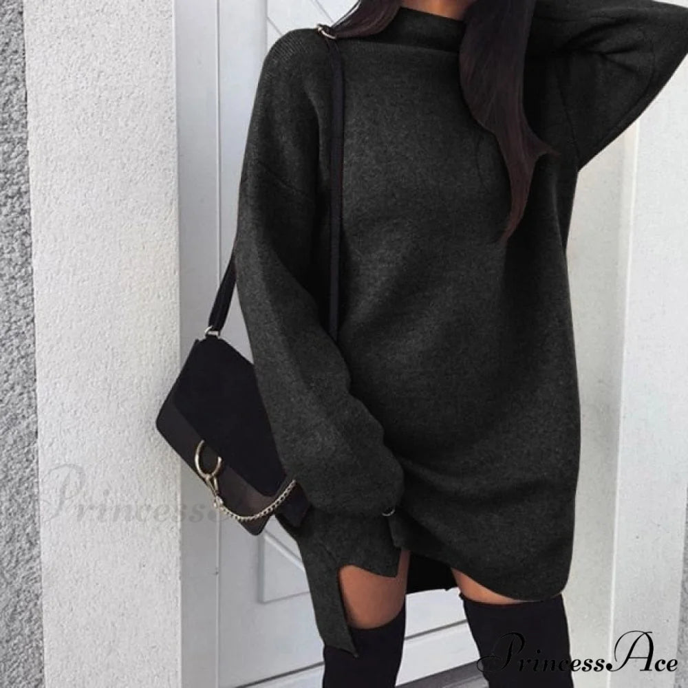 Fashion Turtleneck Elegant Lady Mid-length Dress Black / XXXL