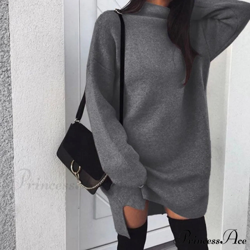Fashion Turtleneck Elegant Lady Mid-length Dress Dark grey / XXXL