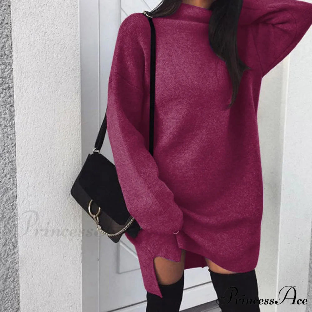 Fashion Turtleneck Elegant Lady Mid-length Dress Fuchsia / XXXL