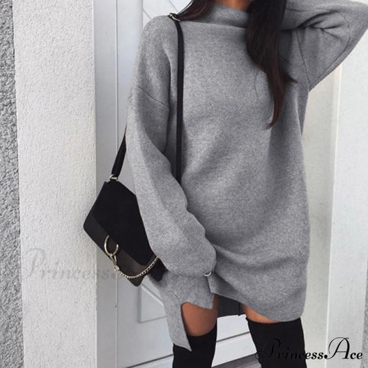 Fashion Turtleneck Elegant Lady Mid-length Dress Gray / XXXL