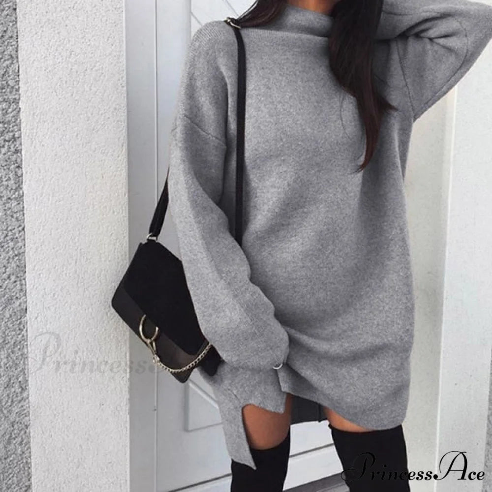 Fashion Turtleneck Elegant Lady Mid-length Dress Gray / XXXL