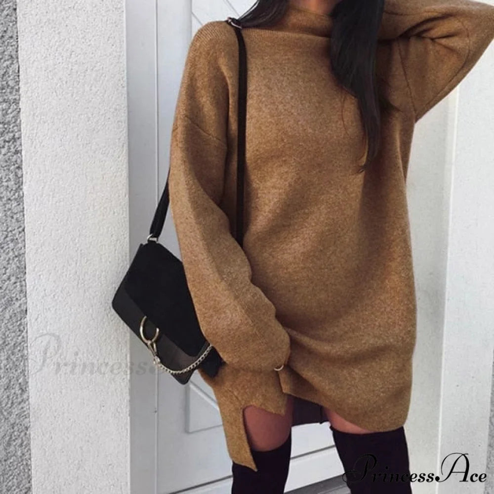 Fashion Turtleneck Elegant Lady Mid-length Dress Khaki / XXXL