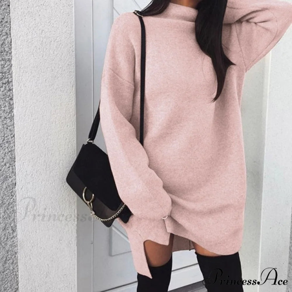 Fashion Turtleneck Elegant Lady Mid-length Dress Pink / XXXL