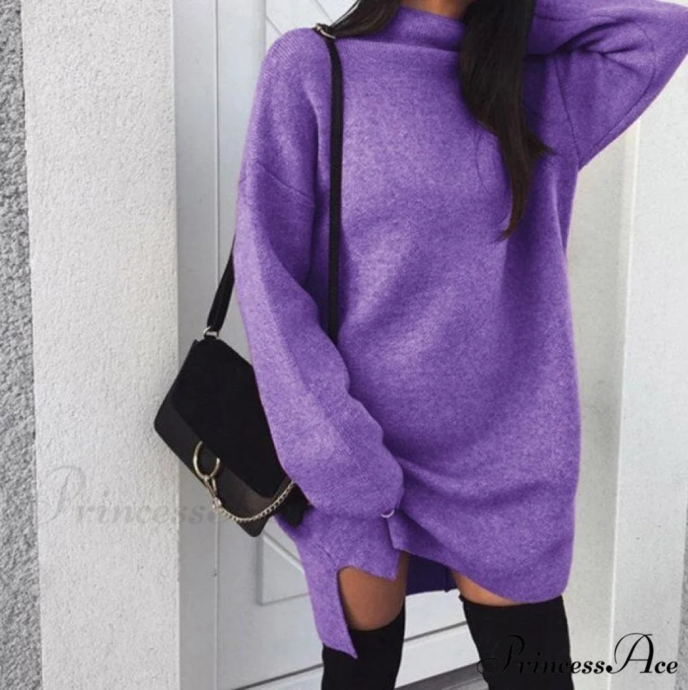 Fashion Turtleneck Elegant Lady Mid-length Dress Purple / XXXL