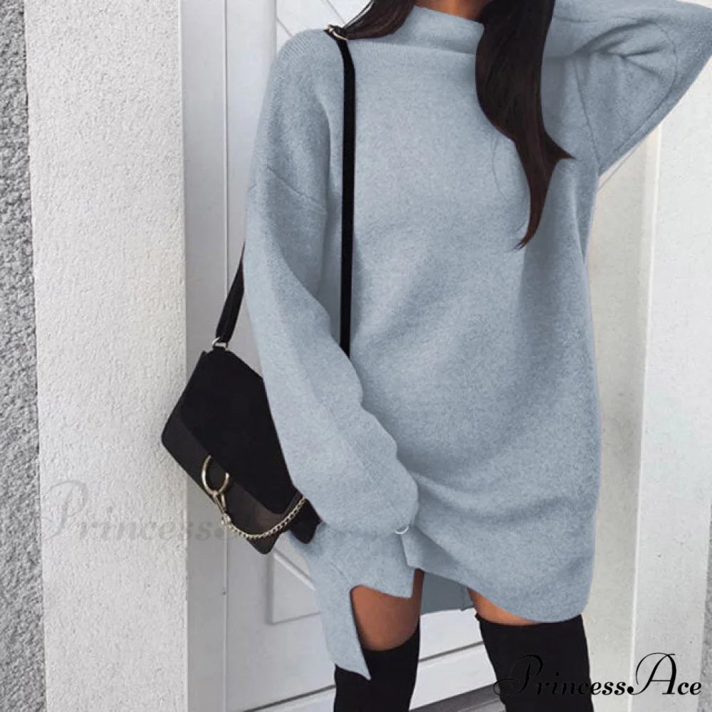 Fashion Turtleneck Elegant Lady Mid-length Dress Sky blue / XXXL