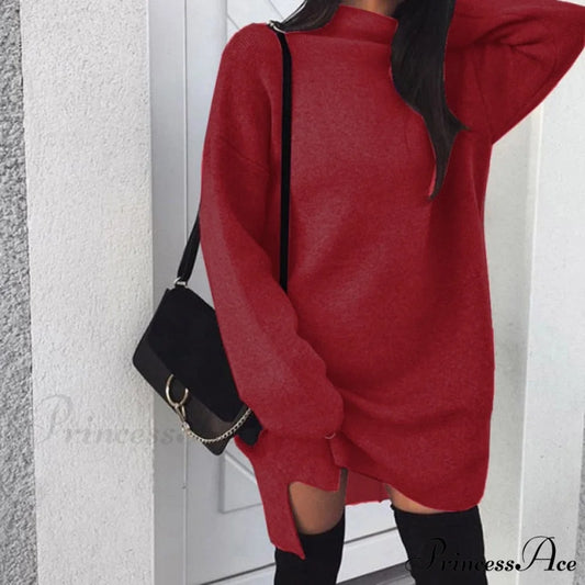 Fashion Turtleneck Elegant Lady Mid-length Dress Wine red / XXXL