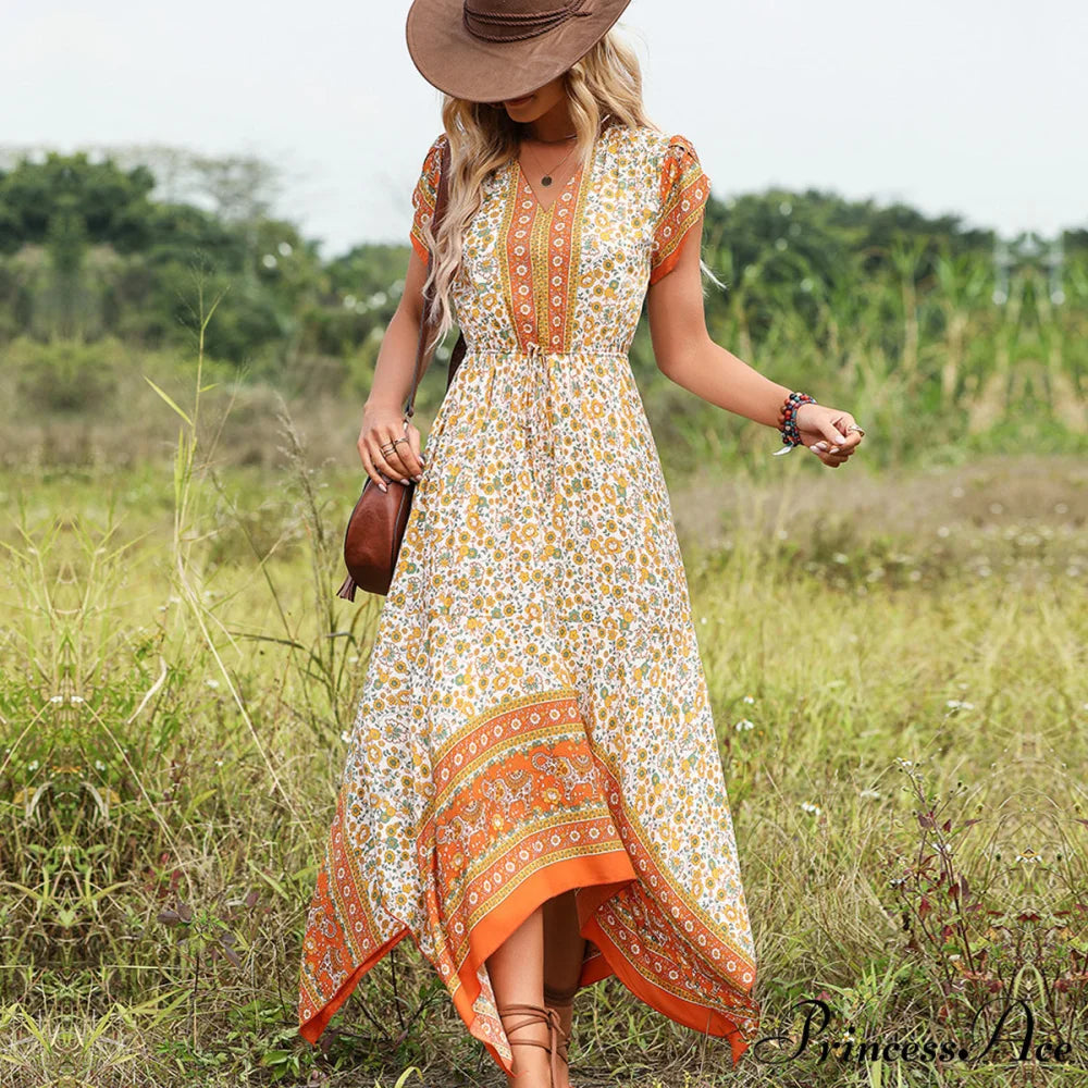 Fashion V Neck High Modern Waist Solid Casual Dress S / Orange