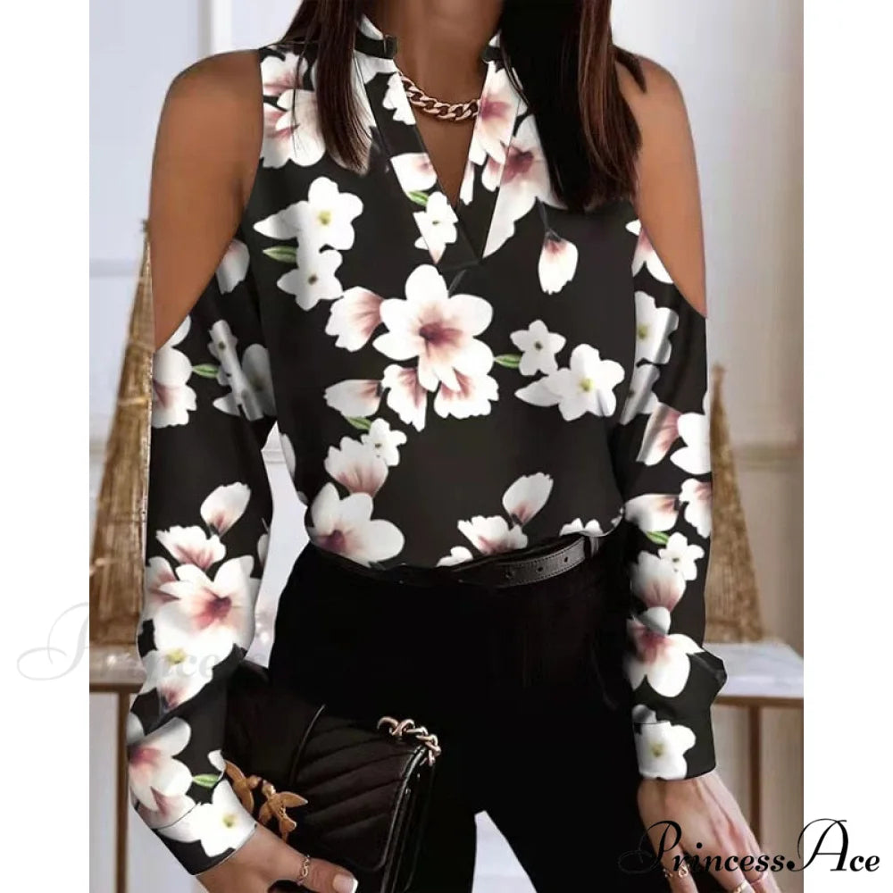 Fashion V-neck Printed Off Shoulder Loose Shirt Black Floral / S