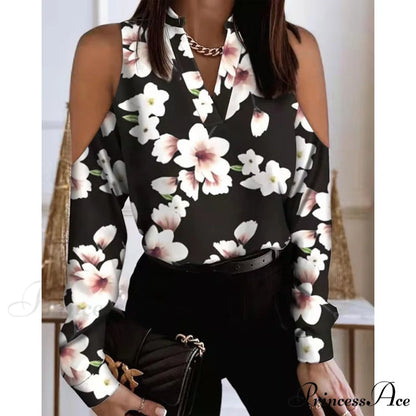 Fashion V-neck Printed Off Shoulder Loose Shirt Black Floral / S