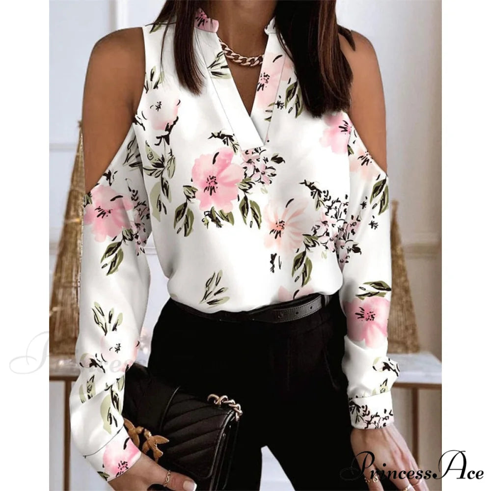 Fashion V-neck Printed Off Shoulder Loose Shirt White Floral / S