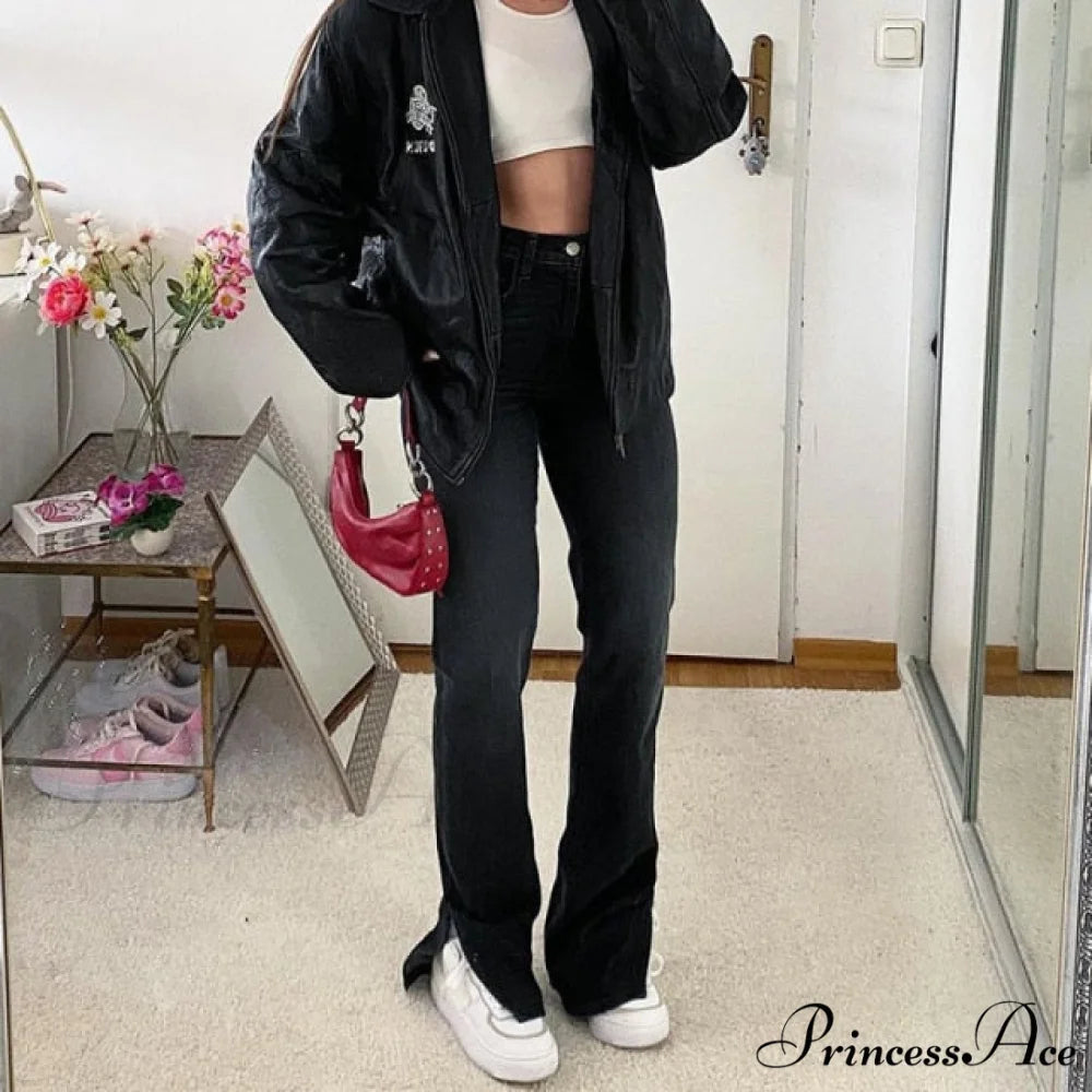 Fashion Waist Vintage Straight Split Denim Pants Black Jeans / S