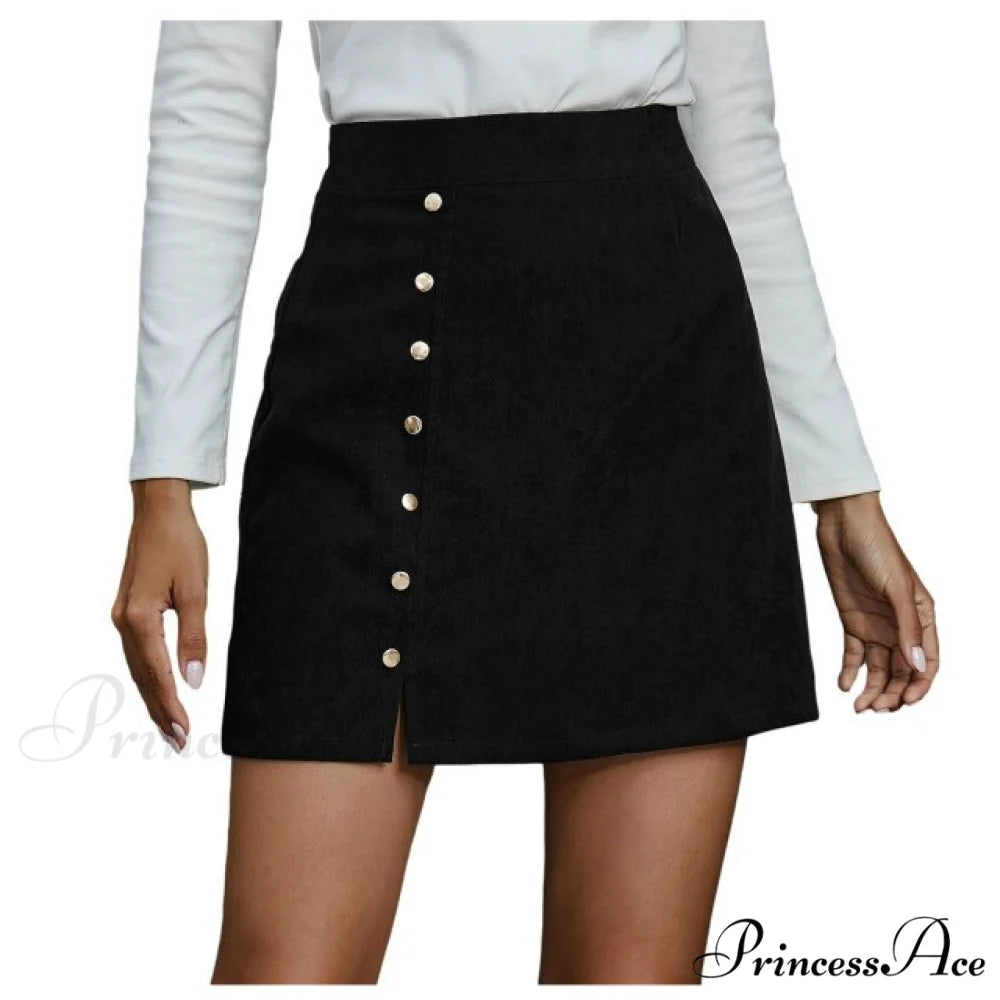 Fashion Women High Waist Buttons Skirts black / XL
