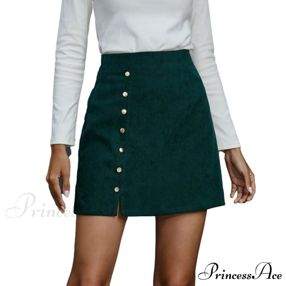 Fashion Women High Waist Buttons Skirts green / XL