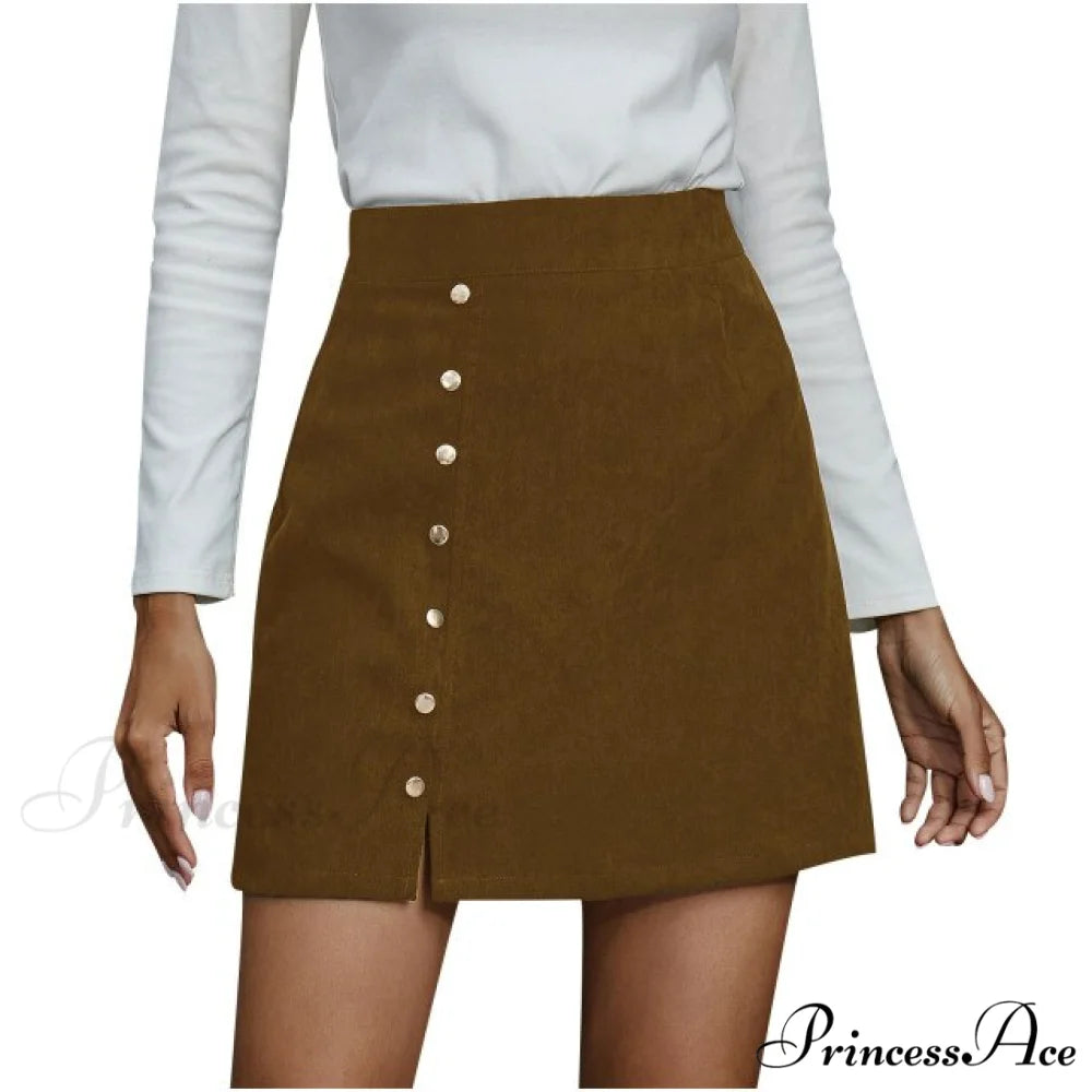 Fashion Women High Waist Buttons Skirts Khaki / XL