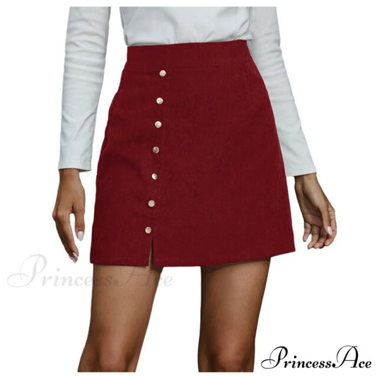 Fashion Women High Waist Buttons Skirts Red / XL