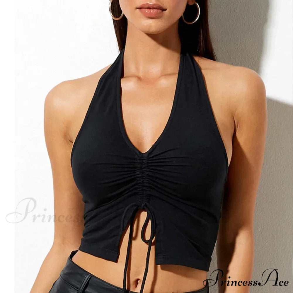 Fashion Women Lace Up Halter Black Sleeveless Drawstring Slim Fit Crop Club Summer Camis Streetwear Tank top